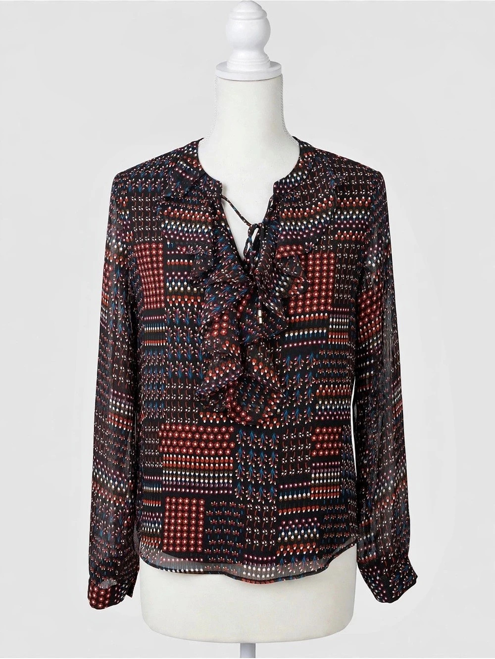 Geometric Long Sleeve Blouse in Black & Red Like New